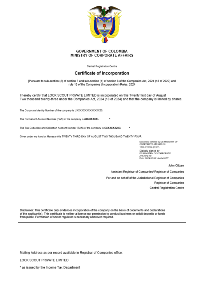 Colombia certificate of registration Word and PDF template